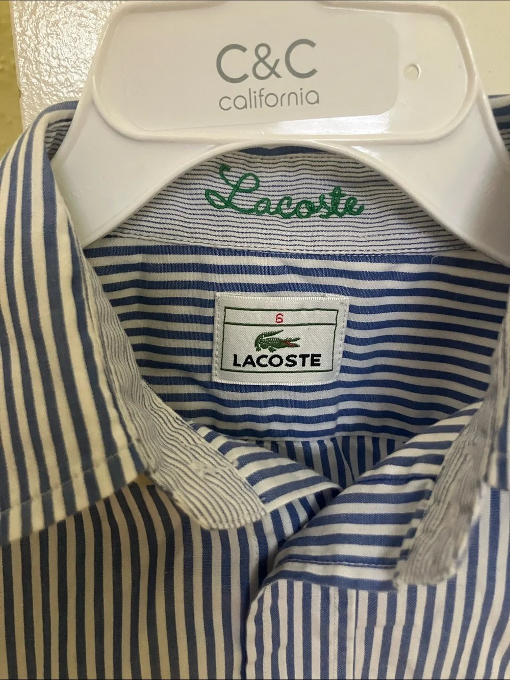 Lacoste Blue and White Vertical Stripe Button-Up Shirt